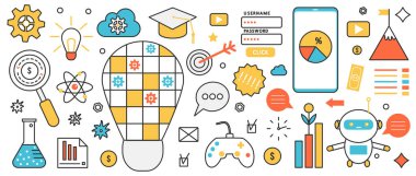 Web uygulama teknolojisi. Dijital ağ ve elektronik aygıt ile soyut çözüm ve çalışma süreci, bilgi konsepti afişi içinde cep telefonu arayüzü ve yazılımı, ince çizgi sanat tasarımı