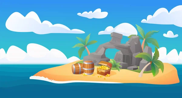 Isla Puerto Con Tesoros Piratas Palmeras Ilustración Vectores Playa Paisaje — Vector de stock