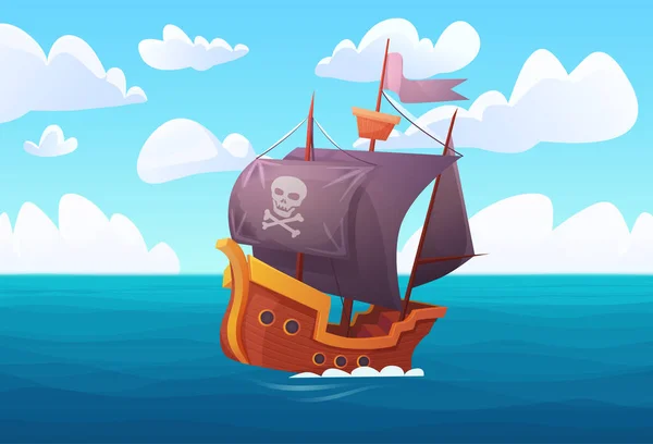 Φαντασία Περιπέτεια Του Ξύλινου Πλοίου Πειρατική Σημαία Στο Θαλάσσιο Λιμάνι — Διανυσματικό Αρχείο