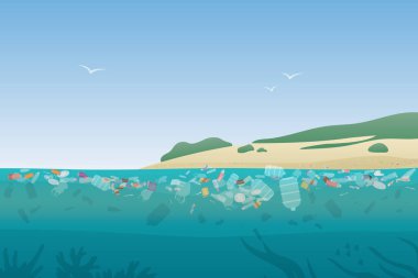 Çöp ve plastik çöp taşıyıcı illüstrasyonuyla kirletilmiş deniz kenarı. Yüzen şişeler, çantalar, enkaz yığını ve çöplerle dolu pis kıyı manzarası. Çöp, kirlilik konsepti