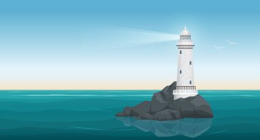 Deniz manzaralı deniz feneri, şafakta liman ya da günbatımı vektör çizimi. Kayalık adanın deniz fenerli deniz feneri uçurumları, mavi gökyüzü ve dalga arkaplanlı kıyı şeridi manzarası