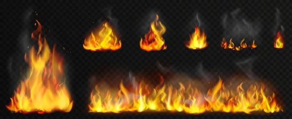 Φωτιά Φλόγες Εικόνα Διάνυσμα Σετ Καπνού Ρεαλιστική Κόκκινη Και Κίτρινη — Διανυσματικό Αρχείο