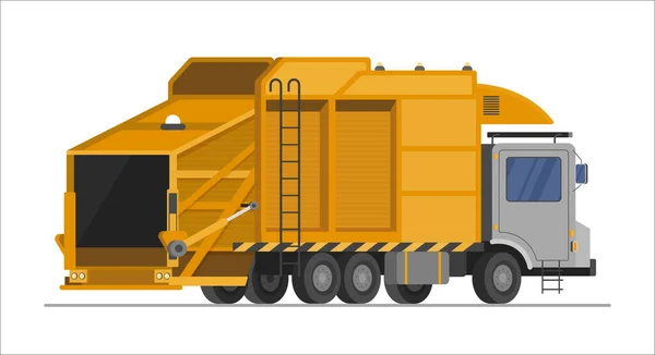 垃圾车后视镜 城市货车及垃圾收集服务站的病媒图解 卡通黄色工业用拖车将垃圾运往城市垃圾填埋场隔离 — 图库矢量图片