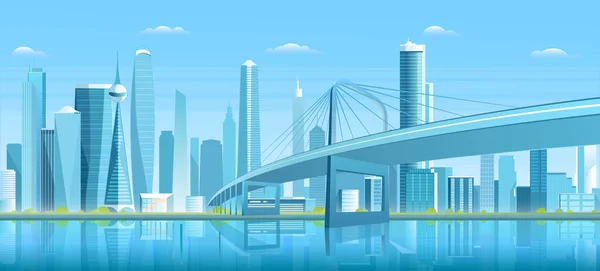 Betongbro Med Pelare Och Motorväg Futuristisk Skyline Modern Stad Vektor — Stock vektor