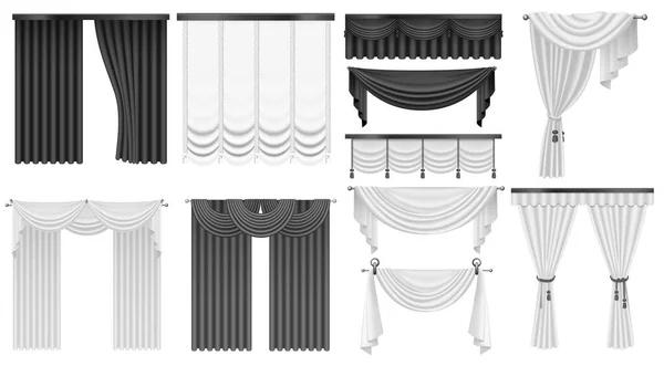 黒と白のカーテンセットベクトルイラスト 現実的な3Dオープンとクローズシルク ベルベットやサテンの古典的なカーテンドレープ 窓のドレープのための豪華なぶら下げ布 インテリア装飾の背景 — ストックベクタ
