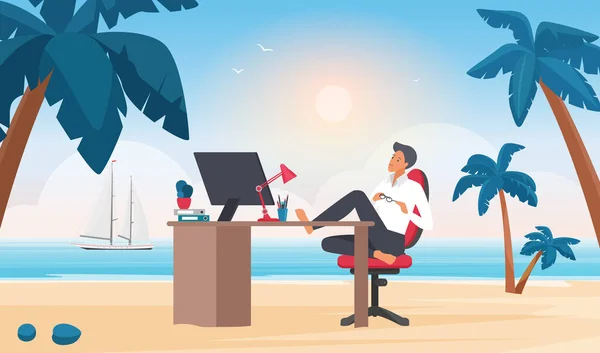 Mutlu Adamı Cennet Adası Temsilciliğinin Kumsalındaki Ofis Masasında Ayaklarıyla Oturuyor — Stok Vektör