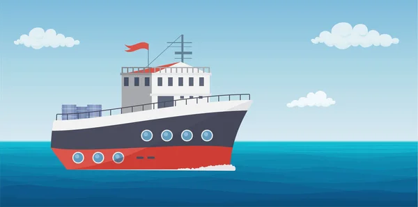 Statek Handlowy Kontenerami Stoczni Morzu Lub Wektor Krajobrazu Oceanu Ilustracji — Wektor stockowy