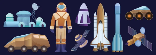 Gli Oggetti Spaziali Impostano Illustrazione Vettoriale Cartoon Astronauta Personaggio Razzo — Vettoriale Stock