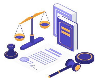 Mahkeme eşyalarıyla karikatür 3D konsepti, hakim avukatı tokmağı, kalem dengesi adalet, yargı kitapları hukuk mahkemesi sembolü. Isometric adalet ve hukuk firması izole vektör illüstrasyonu.
