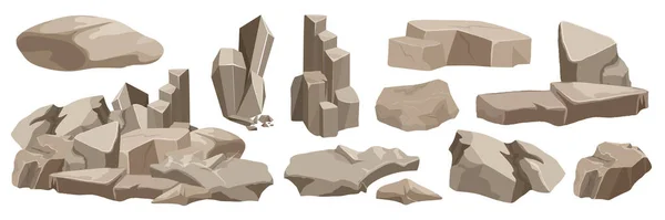 岩や石のベクトル図を設定します 天然の岩の漫画の山 大小の花崗岩のブロックと粗い材料 灰色の固体小石や砂利のヒープ 白い上に隔離された壊れた崖 — ストックベクタ