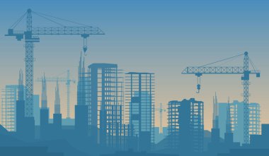 Modern şantiyeli mavi gökyüzü. İskeleleri, yeni gökdelenleri, beton kuleleri ve düz vektör çizimleriyle yeniden inşa edilen binanın soyut silüetleri. Şehir geliştirme kavramı