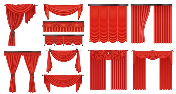 Червоні Розкішні Штори Набір Векторні Ілюстрації Реалістична Відкритий Закритий Шовк — стоковий вектор