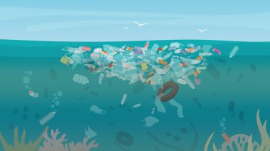 Okyanus veya deniz vektörü çizimlerinin çöpleri ve çöpleriyle kirlenmiş. Çizgi film şişeleri, plastik torbalar ve kirli su arka planında yüzen endüstriyel zehirli atık. Çevre, tehlike kavramı