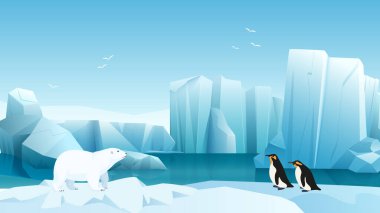 Kutup ve Antarktika manzaraları sevimli kutup ayıları ve penguenlerin vektör çizimleriyle. Kış mevsiminde Kuzey ve Güney kutuplarının çizgi film hayvanları, su ve buzdağı manzaralı, uçan martı arka planı