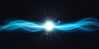 Soyut parlak gök mavisi renk dalgaları birleşiyor ve akış vektörü çizimi yapılıyor. Sihirli dalgalı eğri şekiller birbirine bağlanıyor ve parlıyor, neon kıvrımlı enerji çizgileri şeffaf siyah arkaplanda