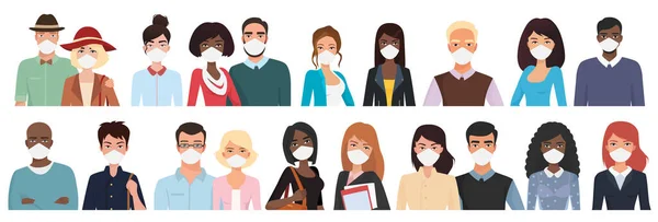 Covid19セットベクトルイラストから保護された人 キャラクターの漫画の多様性グループが立って さまざまな多人種の大人の肖像白に隔離された顔のマスクを着ている コミュニティコンセプト — ストックベクタ