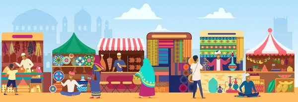 Aziatische Outdoor Straat Markt Met Lokale Mensen Toeristen Vector Illustratie — Stockvector