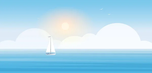 海的天际线 与帆船在水中的风景 云的轮廓和阳光在蓝天矢量图像 漫画船漂浮在开阔的大海中 美丽的阳光普照的风景背景 — 图库矢量图片