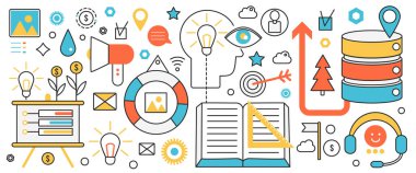 Girişim, yeni fikir ve kar artışı. İnsan kafasındaki soyut ampul, finans raporu ve bilgi konsepti pankartıyla girişimciliğin başarı stratejisine destek, ince çizgi sanat tasarımı