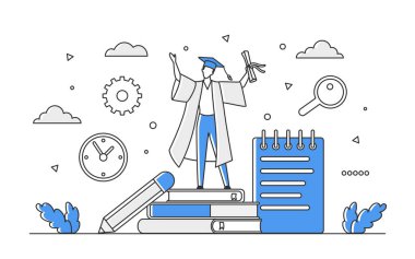 Başarılı bir üniversite mezunu ve üniversite mezunu. Diploma ve kişisel bilgi arşivi vektörü monocolor illüstrasyonu