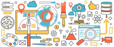 Web uygulama geliştirme teknolojisi. Tasarım ve çalışma araçları, dijital verilerin arama ve analizi, bilgi konsepti pankartıyla programlama, ince çizgi sanat tasarımı ile soyut bilgisayar monitörü