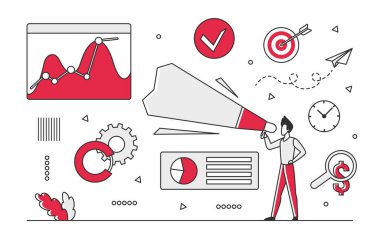 Dijital çevrimiçi pazar yöneticisi uzmanı. Reklamcılık ve danışmanlık analiz vektörü monocolor illüstrasyonu