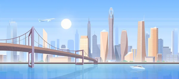 Futuristiska Skyline Modern Stad Vektor Illustration Tecknad Metropol Stadsbild Med — Stock vektor