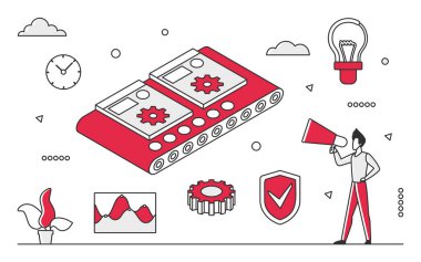 Otomasyon teknolojisi işlemleri. Akıllı teknoloji makineleri, yenilikçi endüstri vektörü tek renk illüstrasyonu