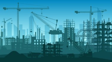 Construction site, modern city skyline. Abstract cityscape with silhouettes of steel frames for skyscrapers, industrial cranes flat vector illustration. Building process, city development concept