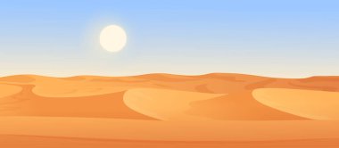 Desert wild panoramic landscape with dunes vector illustration. Cartoon dry palm trees growing on hills of yellow sandy land under blue sky with hot sun background. Drought, nature, wilderness concept
