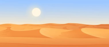 Desert wild panoramic landscape with dunes vector illustration. Cartoon dry palm trees growing on hills of yellow sandy land under blue sky with hot sun background. Drought, nature, wilderness concept