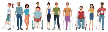 People with disability friends helping them set vector illustration