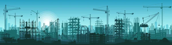 Plac Budowy Sylwetkami Wyposażenia Betonowe Konstrukcje Dźwigi Miejski Krajobraz Wektor — Wektor stockowy