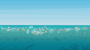 Plastic bags, bottles and industry toxic waste floating in dirty ocean water background. Environment, danger concept. Polluted with trash and garbage underwater of ocean or sea vector illustration.