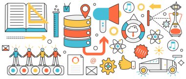 İş ekibi çalışması ve yaratma süreci. Çalışanlarla soyut taşıyıcı, finansal veri analiz süreci ve içerik yönetimi, bilgi konsepti afişi yaratıcı girişim, ince çizgi sanat tasarımı