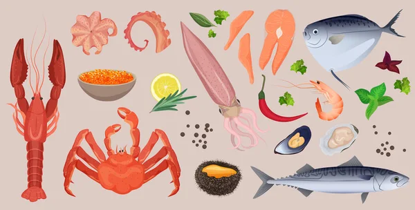 Seafood Gourmet Set Fresh Food Menu Market Restaurant Vector Illustration — Stock Vector