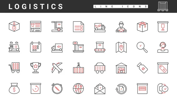 Logistics Delivery Distribution Service Thin Red Black Line Icons Set — 스톡 벡터