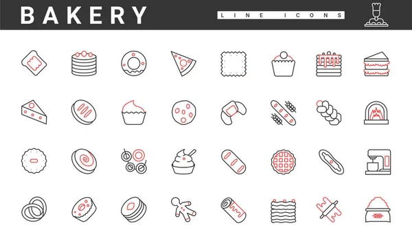 Bakery Thin Red Black Line Icons Set Vector Illustration Abstract — Stok Vektör