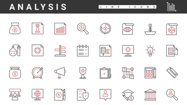 Technology Business Data Analysis Thin Red Black Line Icons Set — 스톡 벡터