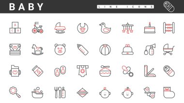 Bebek bakımı aletleri, aksesuarlar ve nesneler, ince kırmızı çizgi simgeleri vektör illüstrasyonunu ayarlar. Bebek arabası, oyuncak ayı, kız ve erkek yüzlü bebek bezli soyut resim koleksiyonu.
