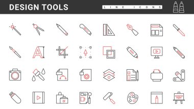 Dijital tasarım araçları ince kırmızı ve siyah çizgi simgeleri vektör illüstrasyonunu ayarlar. Soyut boya fırçası ve mahsul, kalem ve kalem imleç manipülasyonu, portföy ve grafik projeleri için yazılım dükkanı