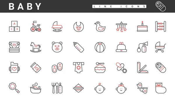 Babypflegegerät Accessoires Und Objekte Dünne Rote Schwarze Linie Symbole Setzen — Stockvektor