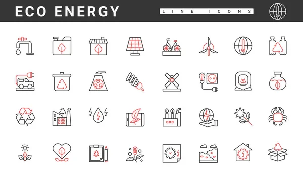 Green Eco Energy Thin Red Black Line Icons Set Vector — Vetor de Stock