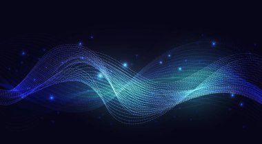 Parlak neon mavi dalgalar, soyut ışık efekti vektör illüstrasyonu. Parıldayan parçacıklarla parlayan sihirli rüzgar, dalgalı hız çizgileri, karanlık arka planda izole edilmiş enerji.