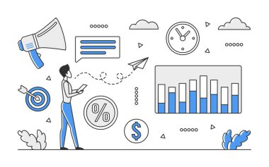 İş analizi istatistikleri. Şirket evrimi ve veri vektörü monocolor illüstrasyonunu izlemek
