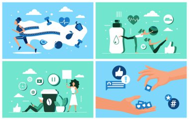 Healthy fitness workout and weight control, social media interaction set. Woman jogging, tiny people relax after sport activity on coffee break, hands holding heart likes flat vector illustration
