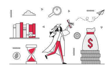 Ücretli eğitim programı aldım. Yetenek ve beceri öğrenme, lisansüstü diploma, okul vektörü tek renk çizimi