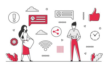 Social media content sharing. Public account posts and followers reaction comments vector monocolor illustration