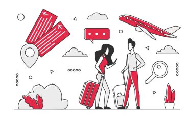 World travel and tourism trip. Journey passengers travelling abroad vector monocolor illustration