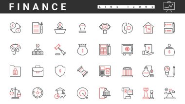 Business and finance, marketing strategy, financial development thin red and black line icons set vector illustration. Abstract currency exchange, bank deposit and payment, stock market symbols